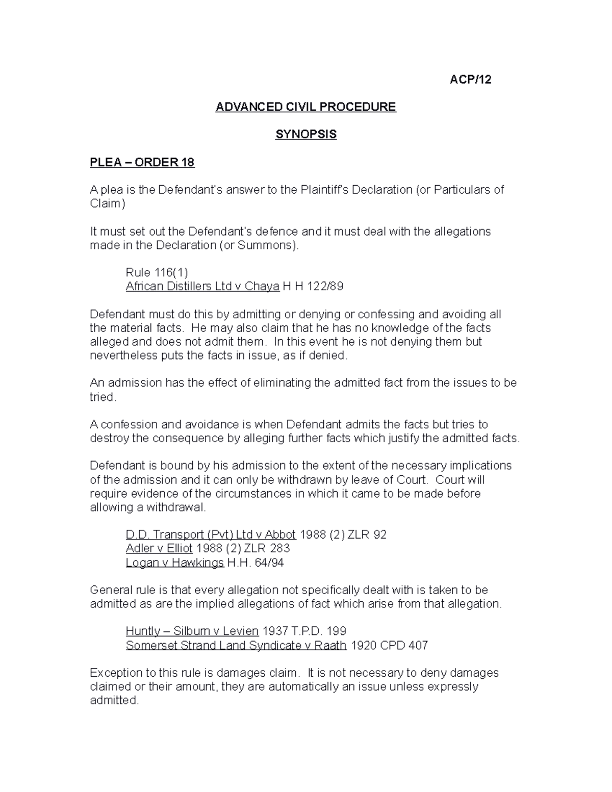 12-plea order 18 - notes - ACP/ ADVANCED CIVIL PROCEDURE SYNOPSIS PLEA ...