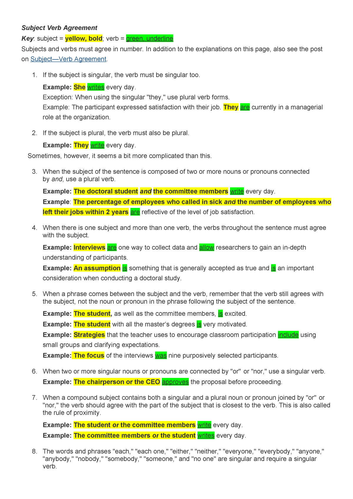 Subject Verb Agreement - Subject Verb Agreement Key: subject = yellow ...