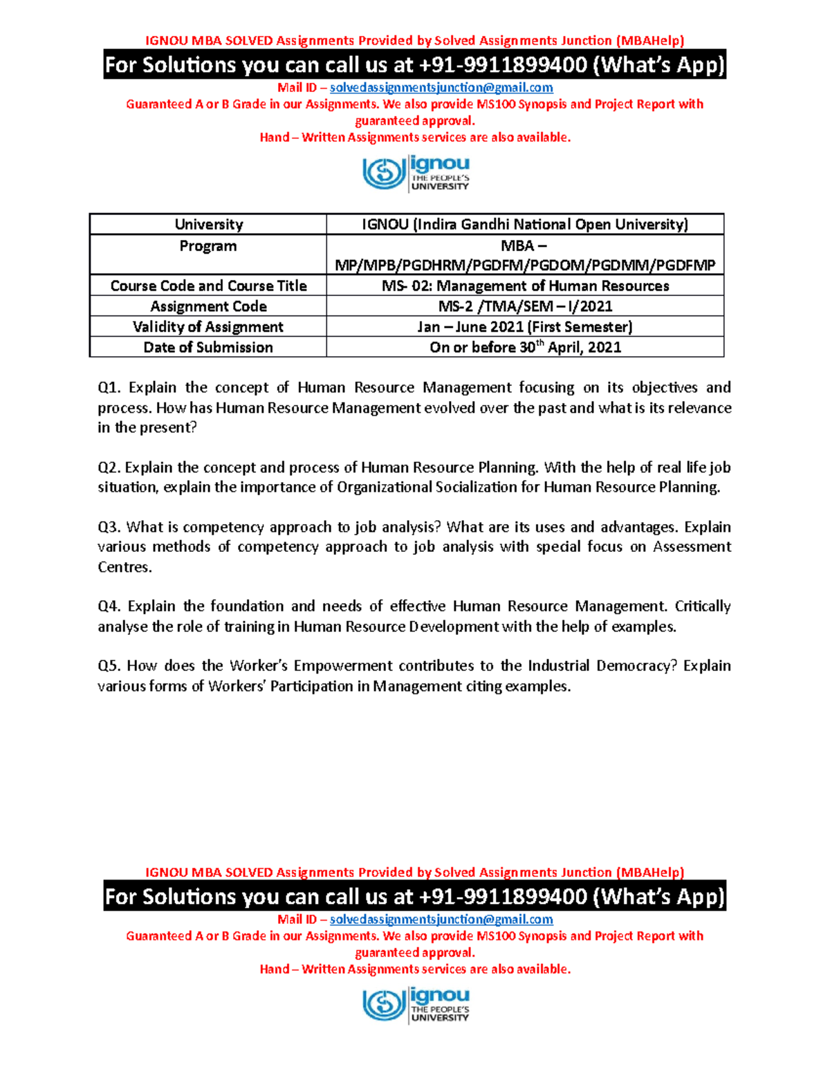 MS02 Management of Human Resources JAN 2021 - IGNOU MBA SOLVED ...