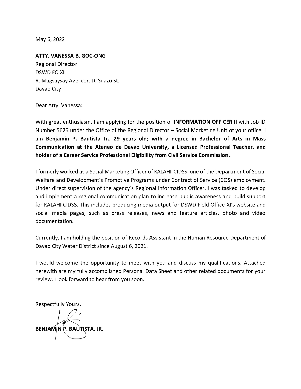 sample application letter for any position in dswd