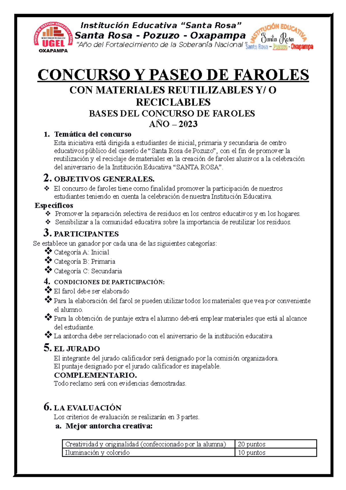 Bases Del Concurso De Faroles 2023 Institución Educativa “santa Rosa” Santa Rosa Pozuzo 2394