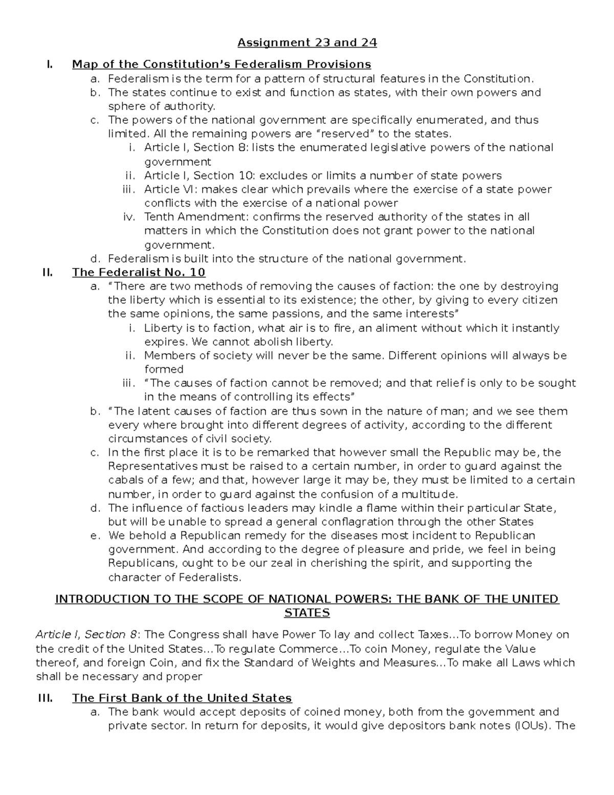 Federalism Provisions - Assignment 23 and 24 I. Map of the Constitution ...