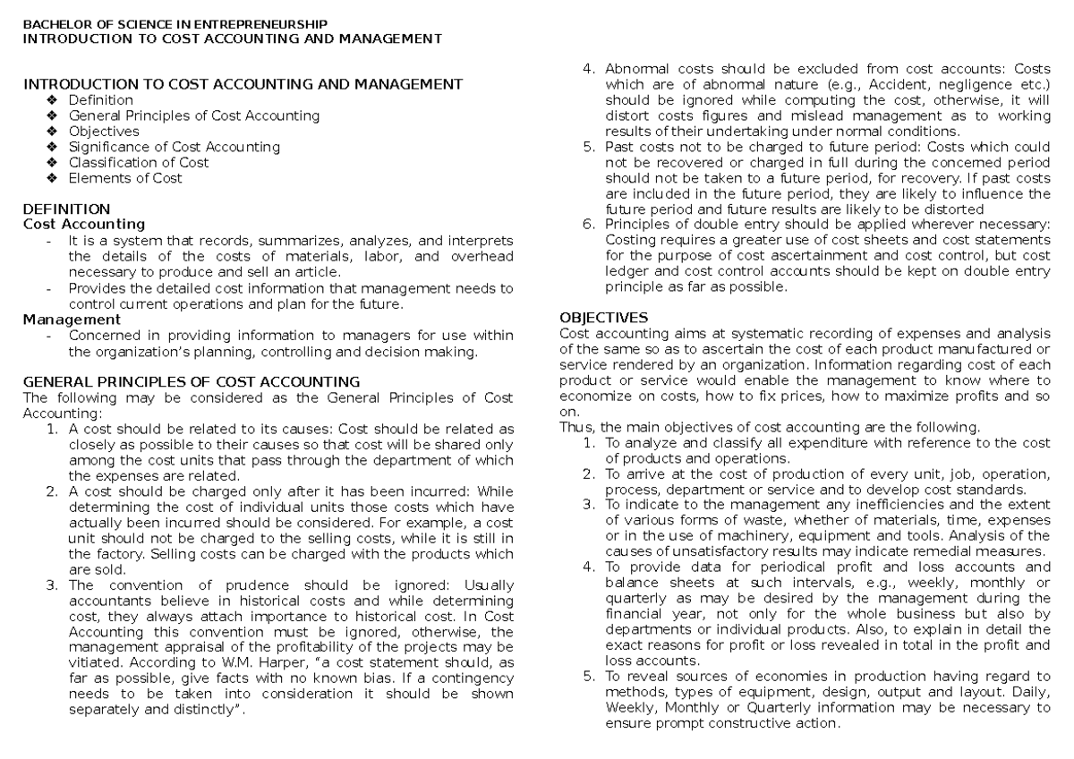 Module 1 Intro TO CAM Cost Accounting INTRODUCTION TO COST ACCOUNTING AND MANAGEMENT Studocu