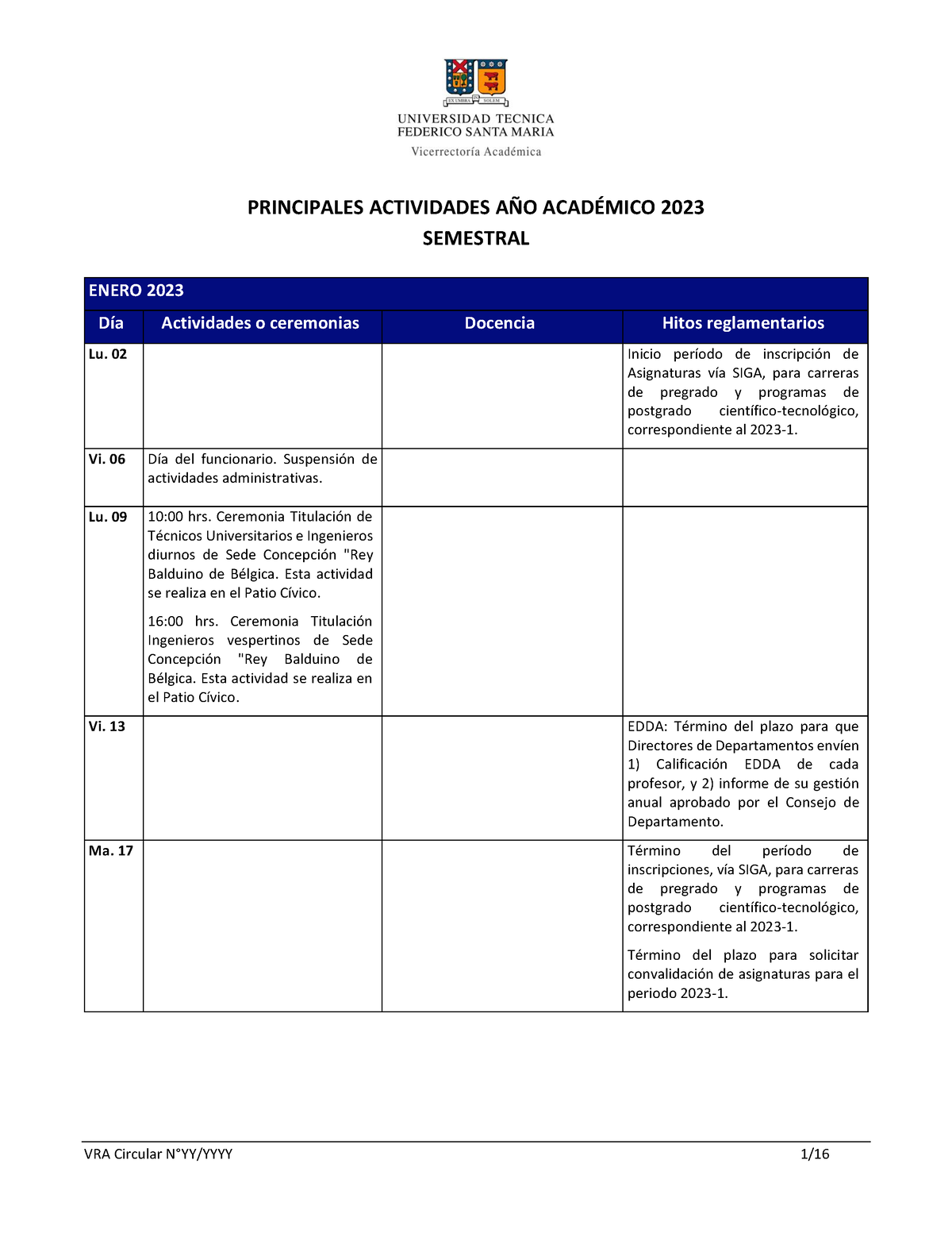 Calendario Académico USM 2023 Semestral 2 VRA Circular N°YY/YYYY 1