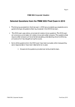FINM3005 Past Final Exam - questions and answers - FINM 3005 Corporate ...