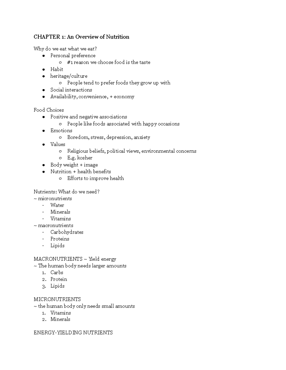 HUN Chapter 1 - class notes - CHAPTER 1: An Overview of Nutrition Why ...