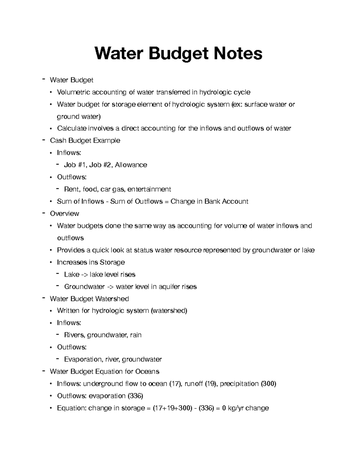Water Budget Lecture Notes Water Budget Notes Water Budget