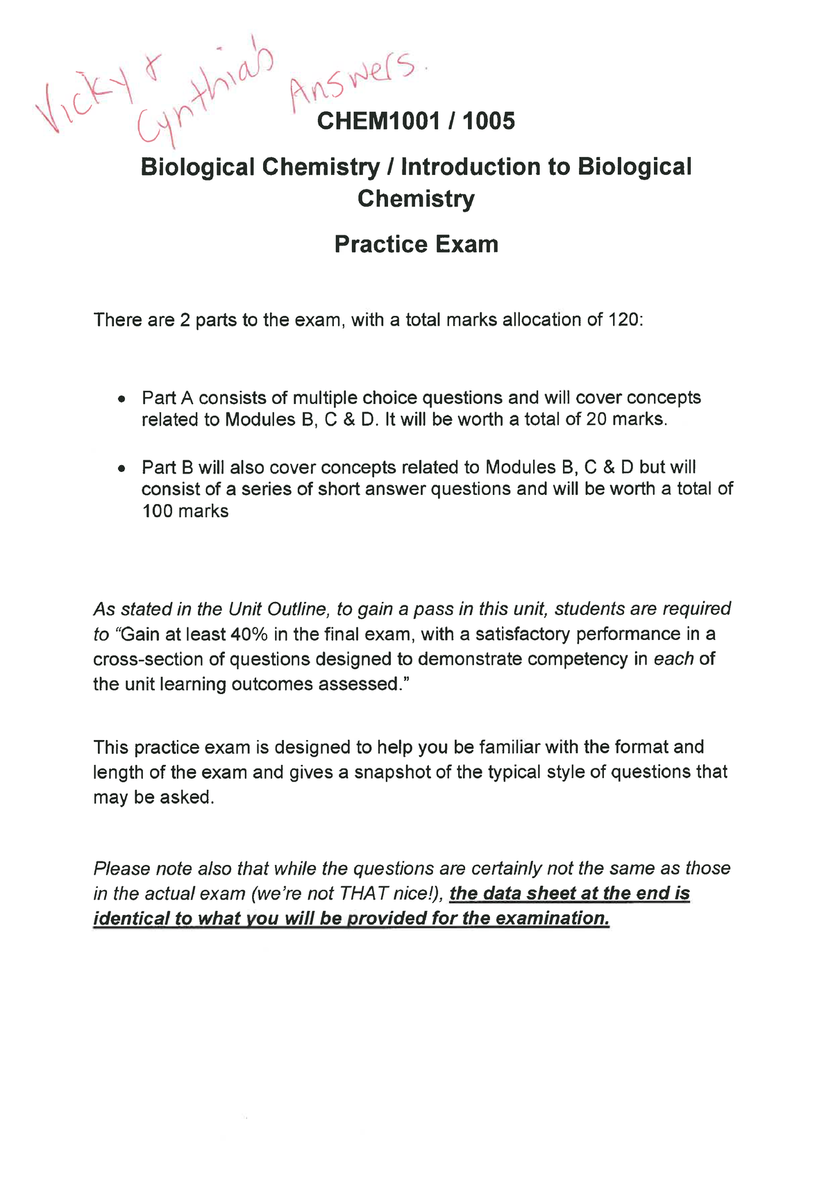 Biological Chemistry Final Exam Paper With Answers - CHEM1001 - Studocu