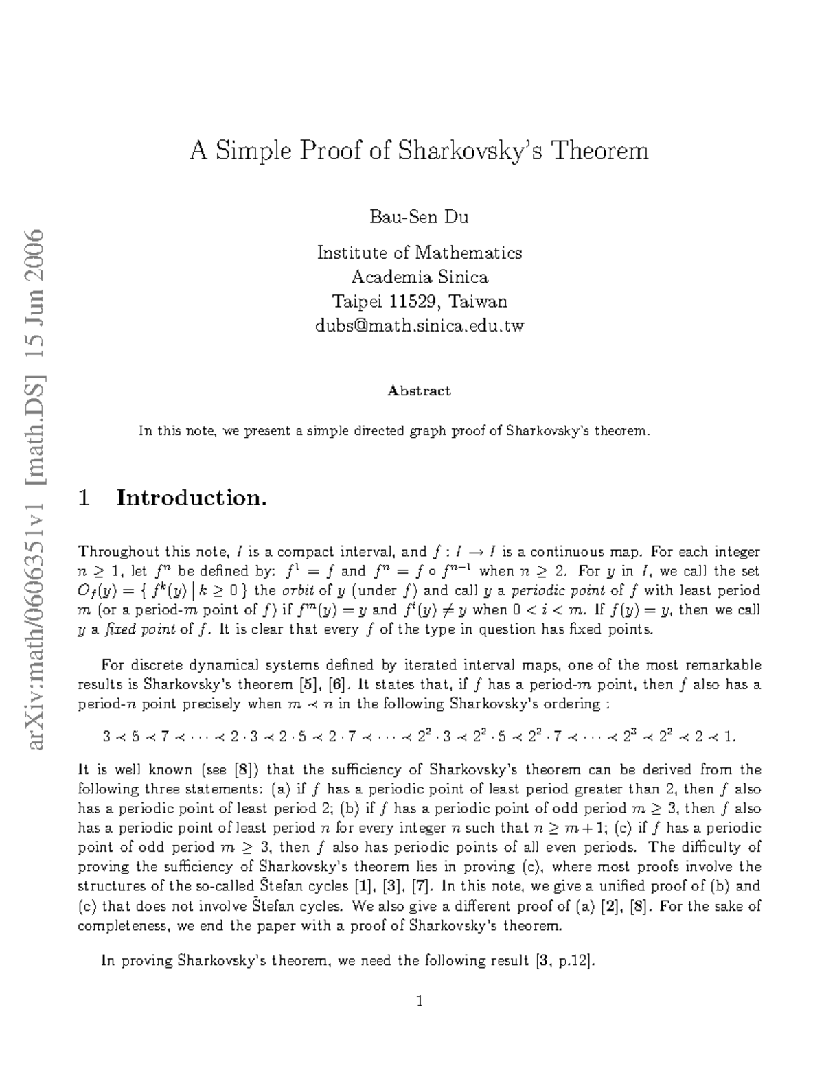 Simpleproof Sharkovskii - arXiv:math/0606351v1 [math] 15 Jun 2006 A ...