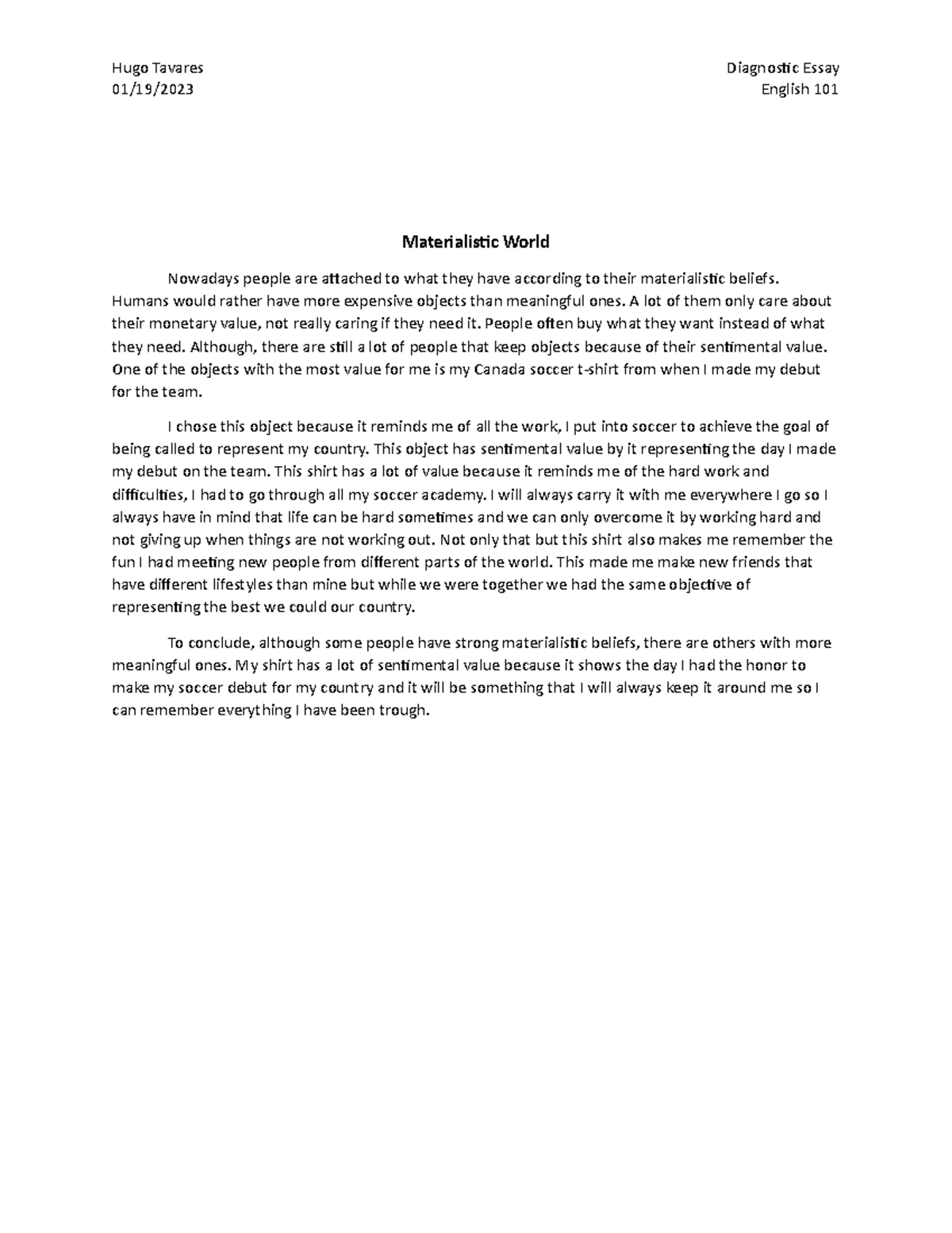 essay about materialistic world