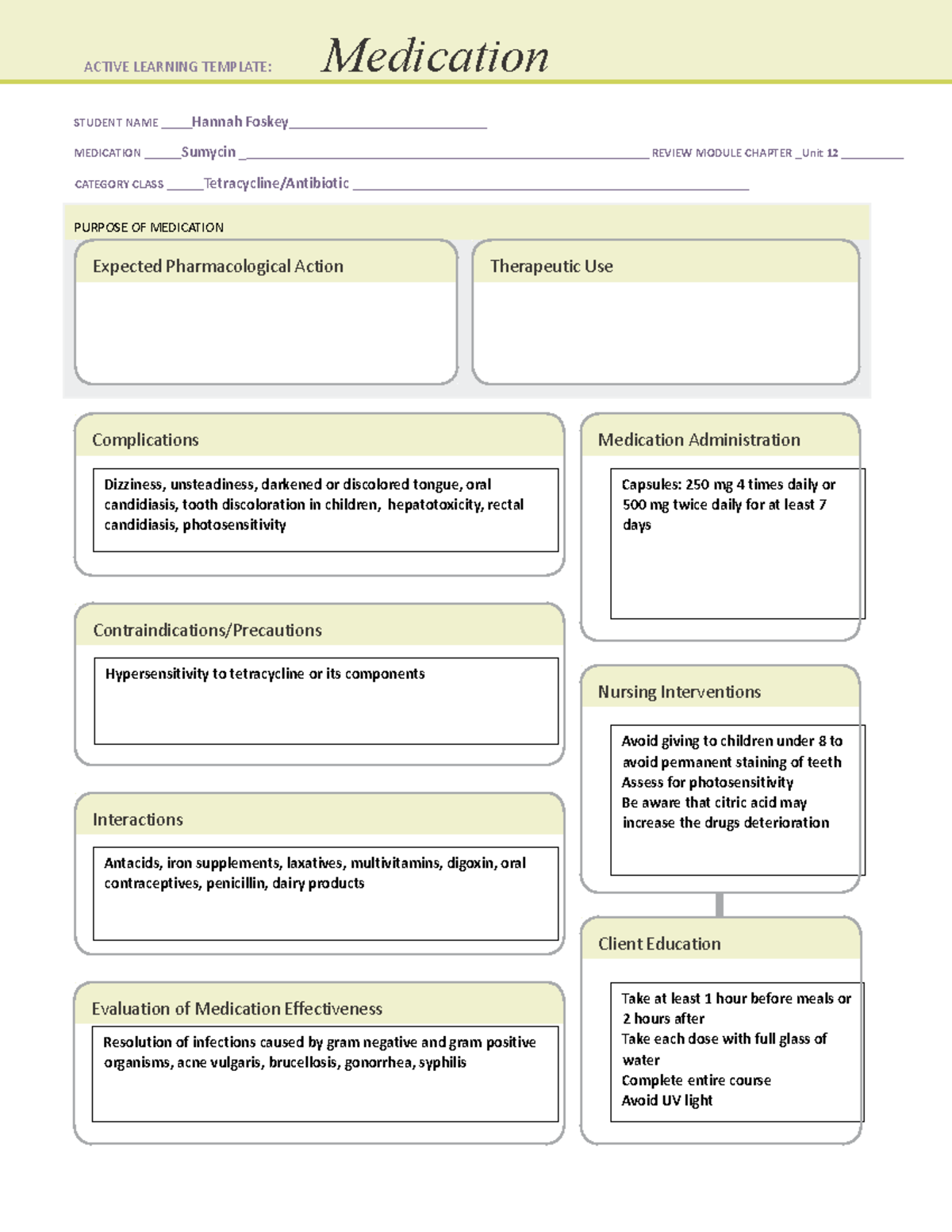 Sumycin drug card - symycin - STUDENT NAME Hannah Foskey ...