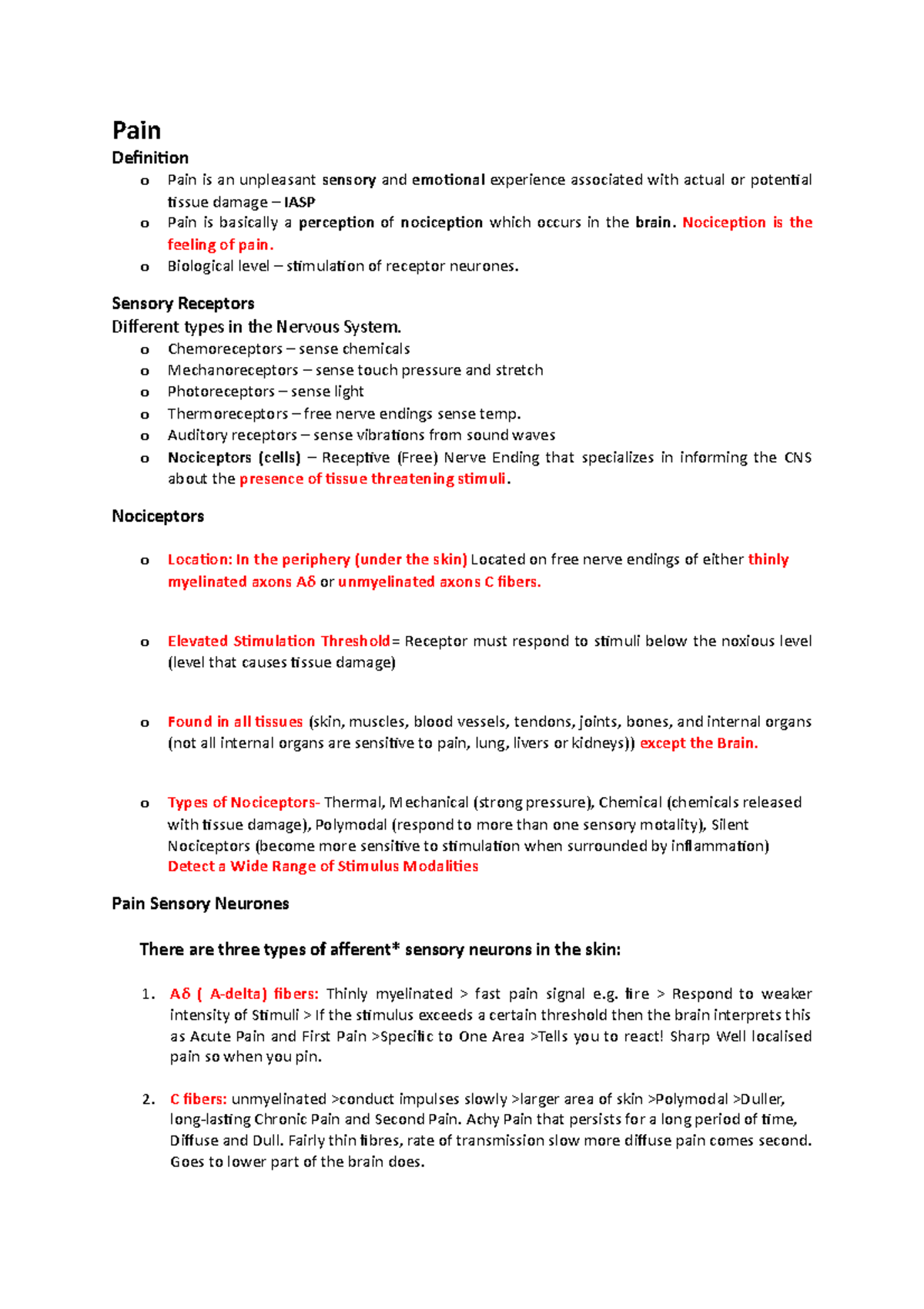 322 pain lecture notes - Pain Definition o Pain is an unpleasant ...