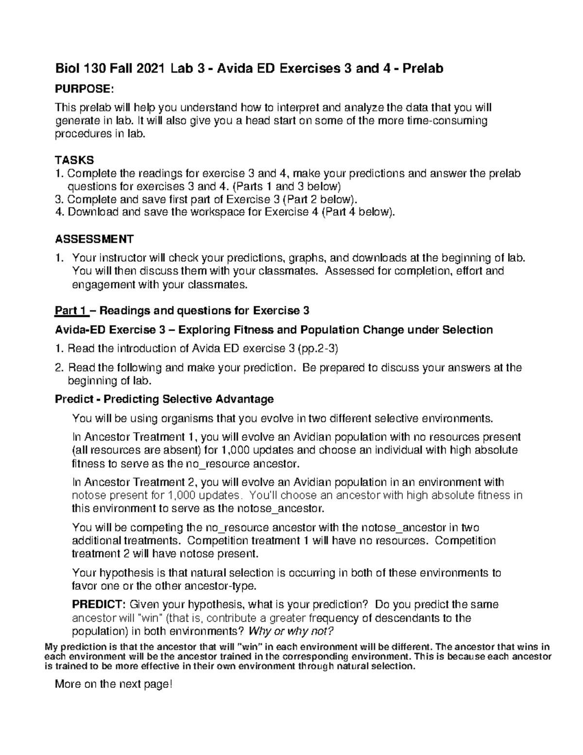 Avida-Ed Exercise 3 & 4 Prelab 3 - Biol 130 Fall 2021 Lab 3 - Avida ED ...