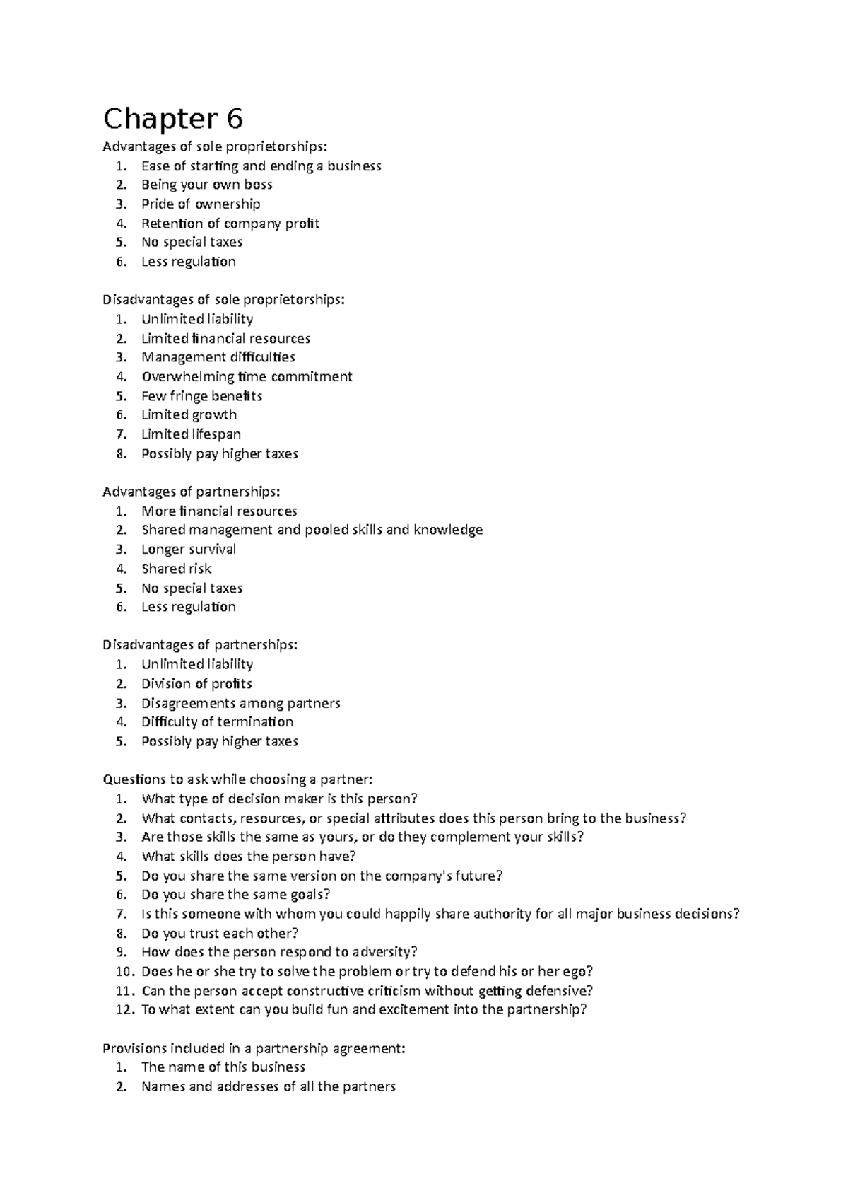 Chapter 6 Textbook notes - Chapter 6 Advantages of sole proprietorships ...