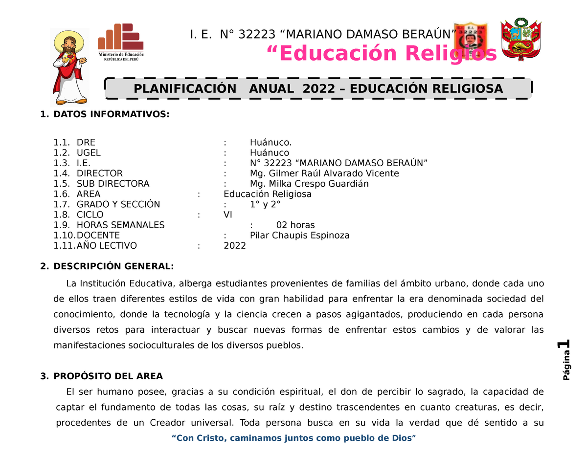 Religión 1° Y 2° Plan Anual “educación Religiosa 1 Datos Informativos 1 Dre Huánuco 1 4871