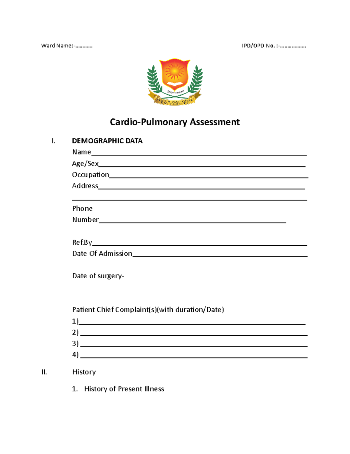 Cardiopulmonary assessment - Ward Name:-............ IPD/OPD No ...