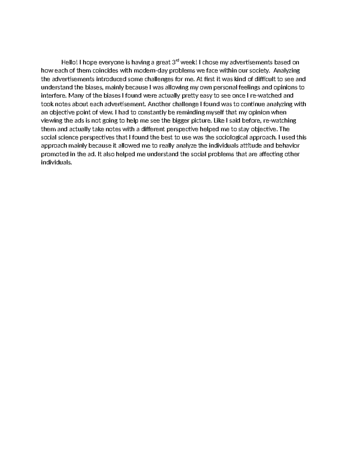 3-1 Discussion Post - Assignment - Hello! I hope everyone is having a ...