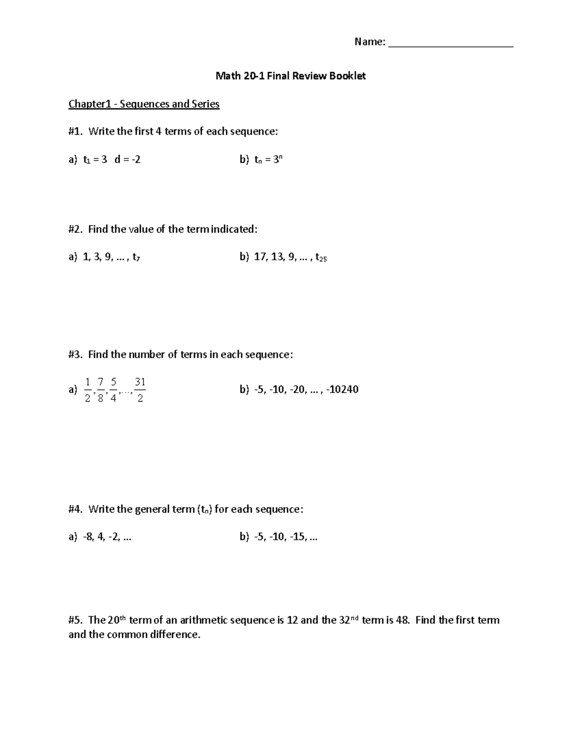 Math 20-1 Final Booklet Review - Name: ______________________ Math 20-1 ...