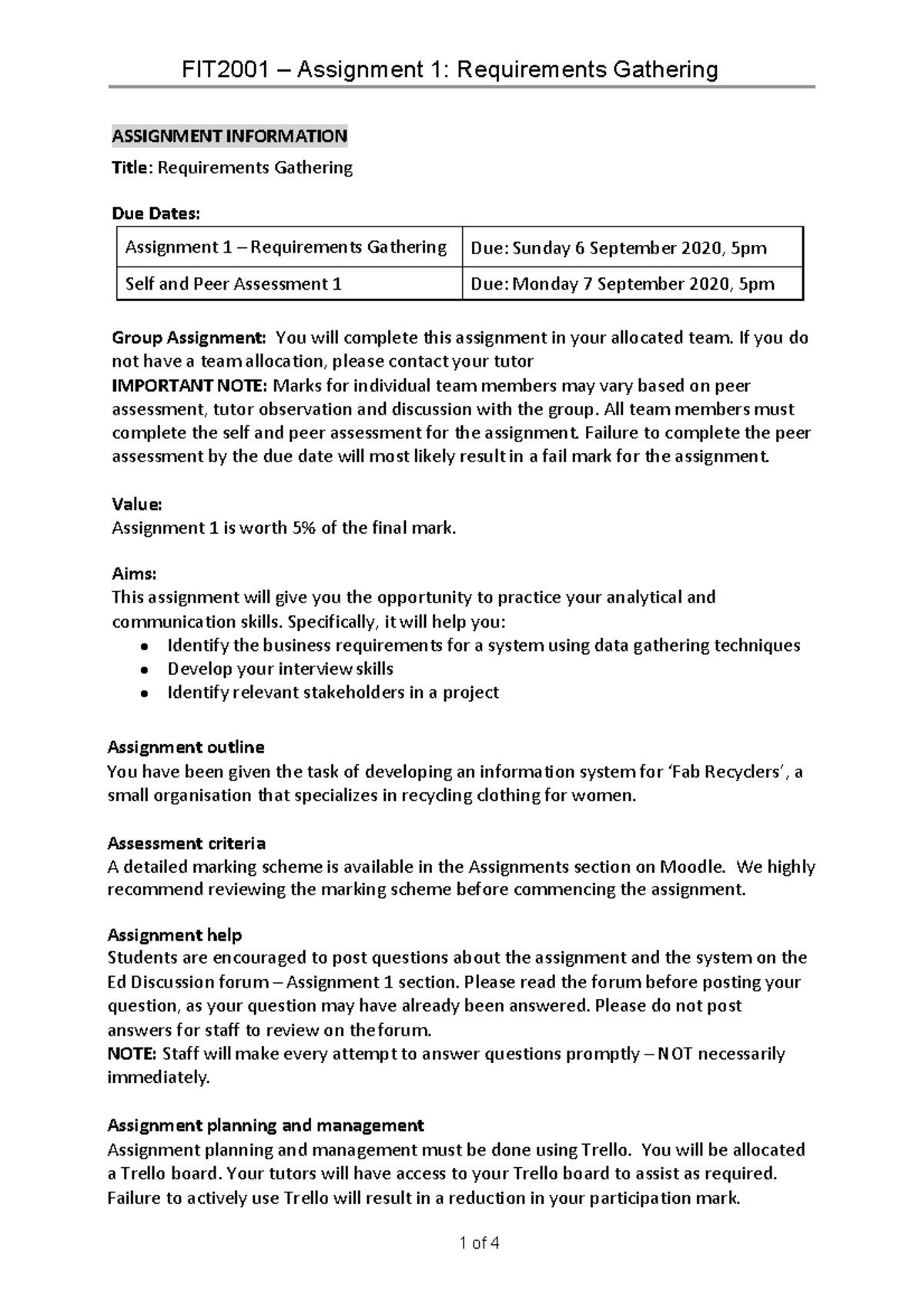 FIT2001 Assignment 1 Instructions - ASSIGNMENT INFORMATION Title ...