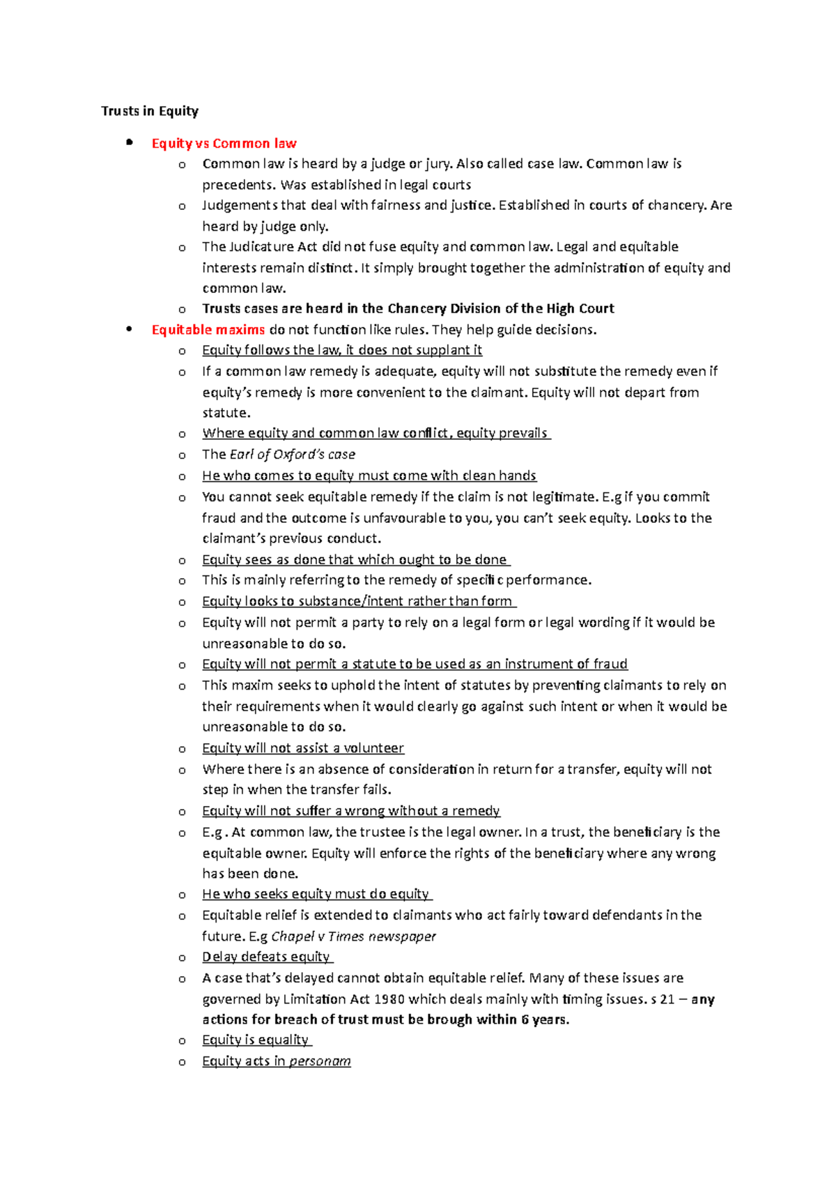 Trusts in Equity- Revision - Trusts in Equity Equity vs Common law o ...