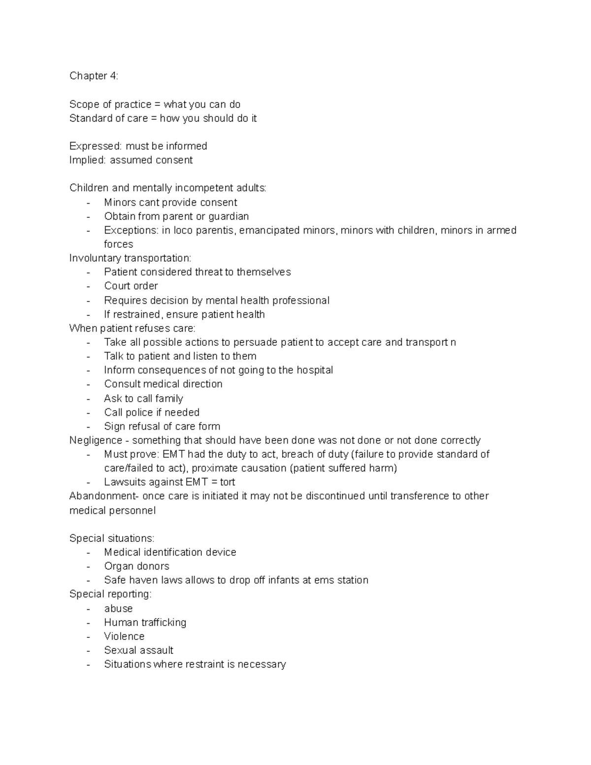 EMT notes chap 4-7,9,10 - Chapter 4: Scope of practice = what you can ...