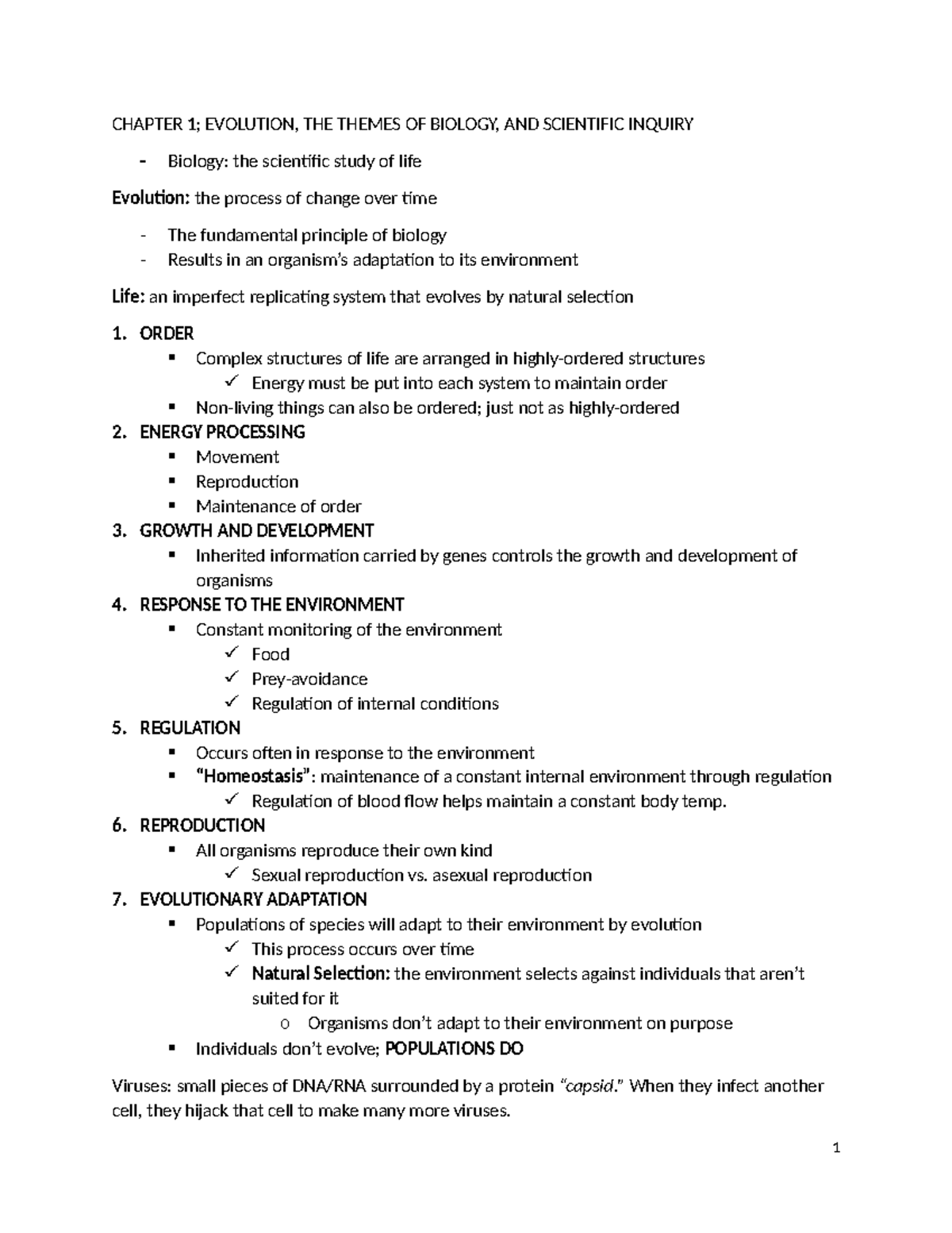 BIOL1020 Notes - Biol - CHAPTER 1; EVOLUTION, THE THEMES OF BIOLOGY ...