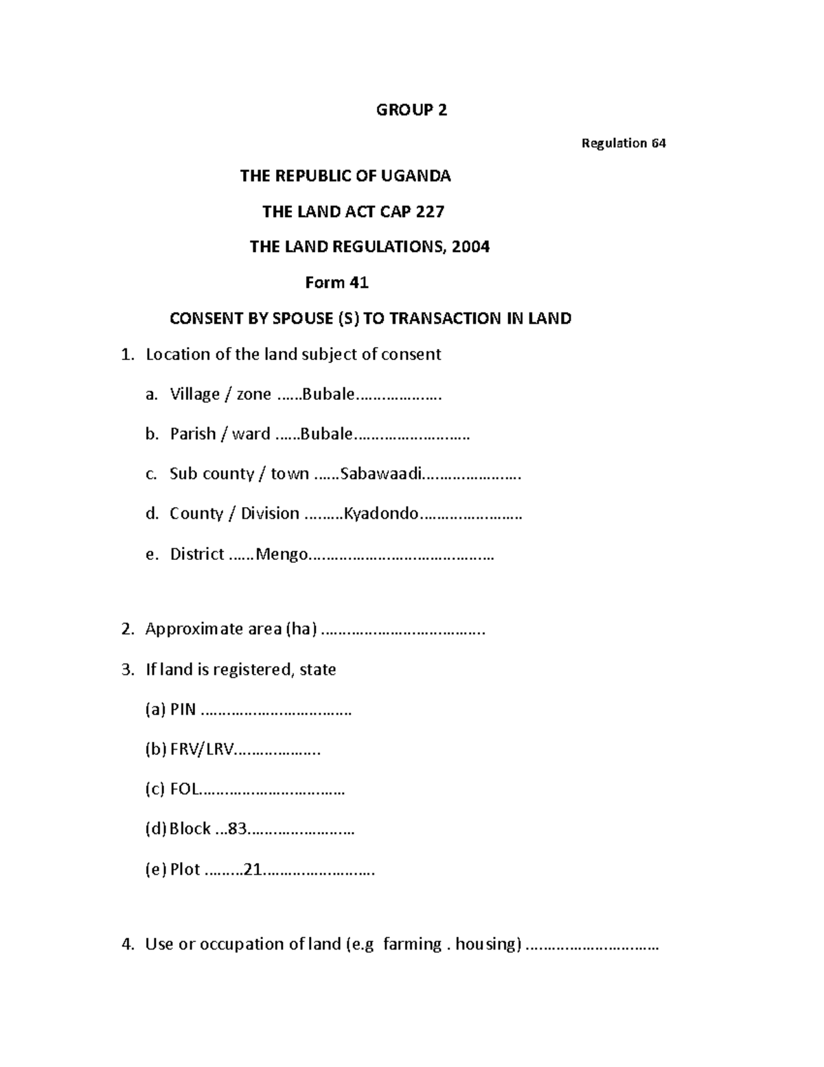 1 LAND Transactions Documents GROUP 2 Regulation 64 THE
