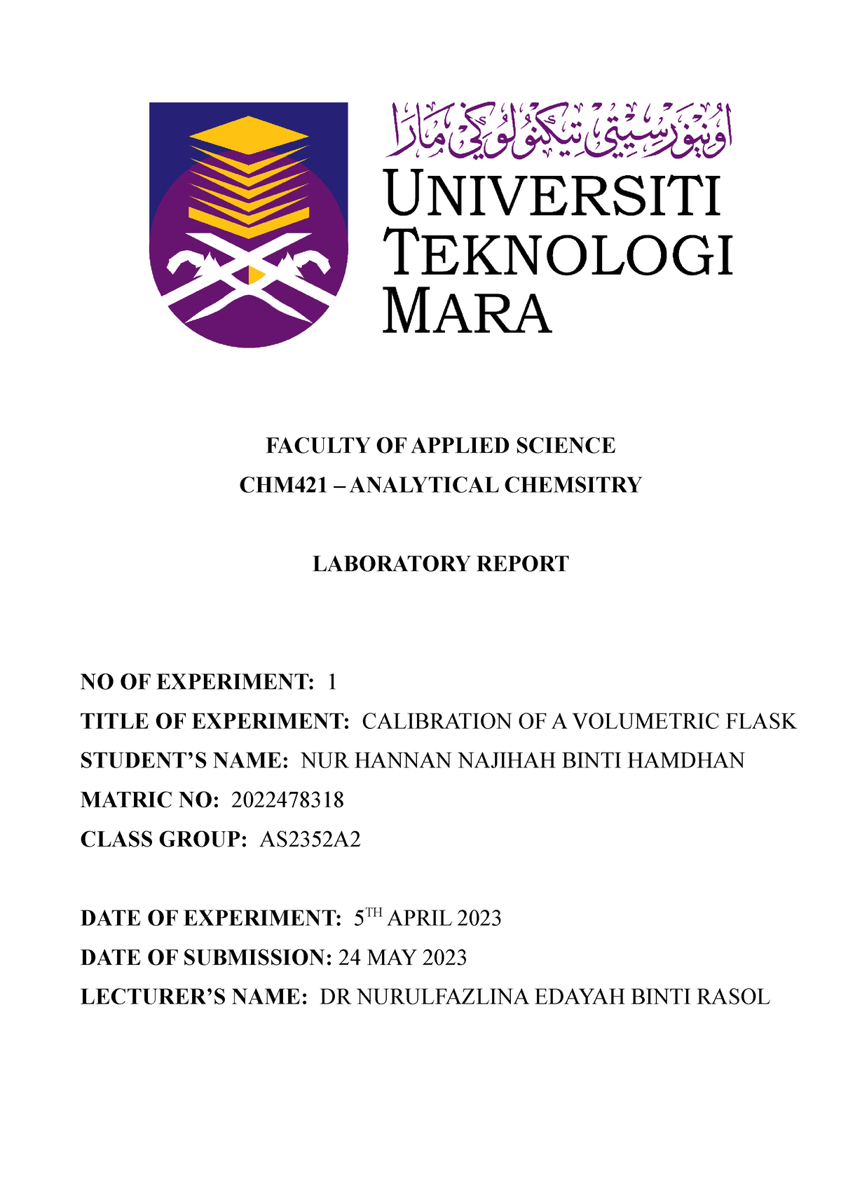 Chm421 Experiment 1 - FACULTY OF APPLIED SCIENCE CHM421 – ANALYTICAL ...