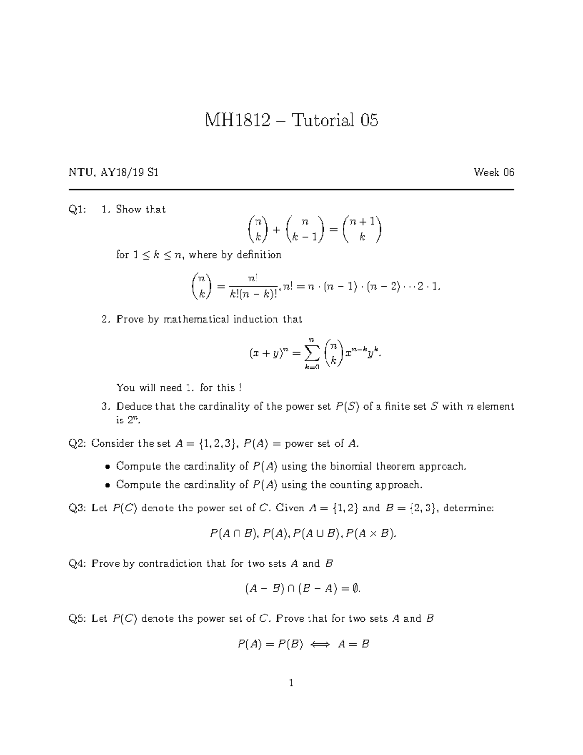 Chapter 7 - Homework - MH1812 – Tutorial 05 NTU, AY18/19 S1 Week 06 Q1 ...