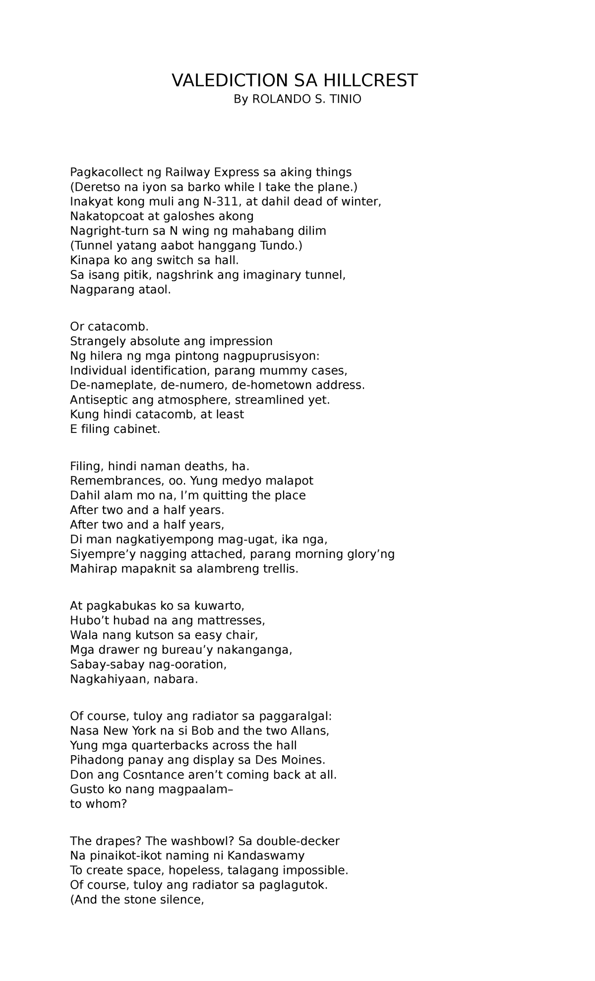 Valediction sa hillcrest - VALEDICTION SA HILLCREST By ROLANDO S. TINIO ...