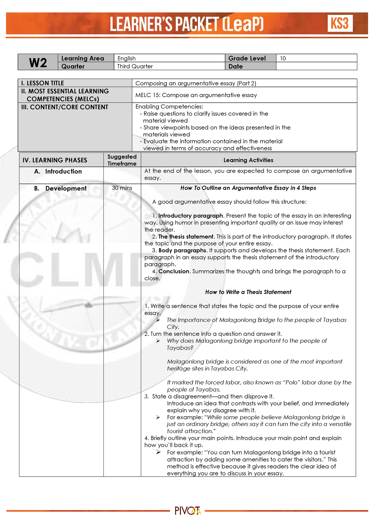 English 10 Q3 Week 2 W Learning Area English Grade Level 10 Quarter Third Quarter Date I 9542