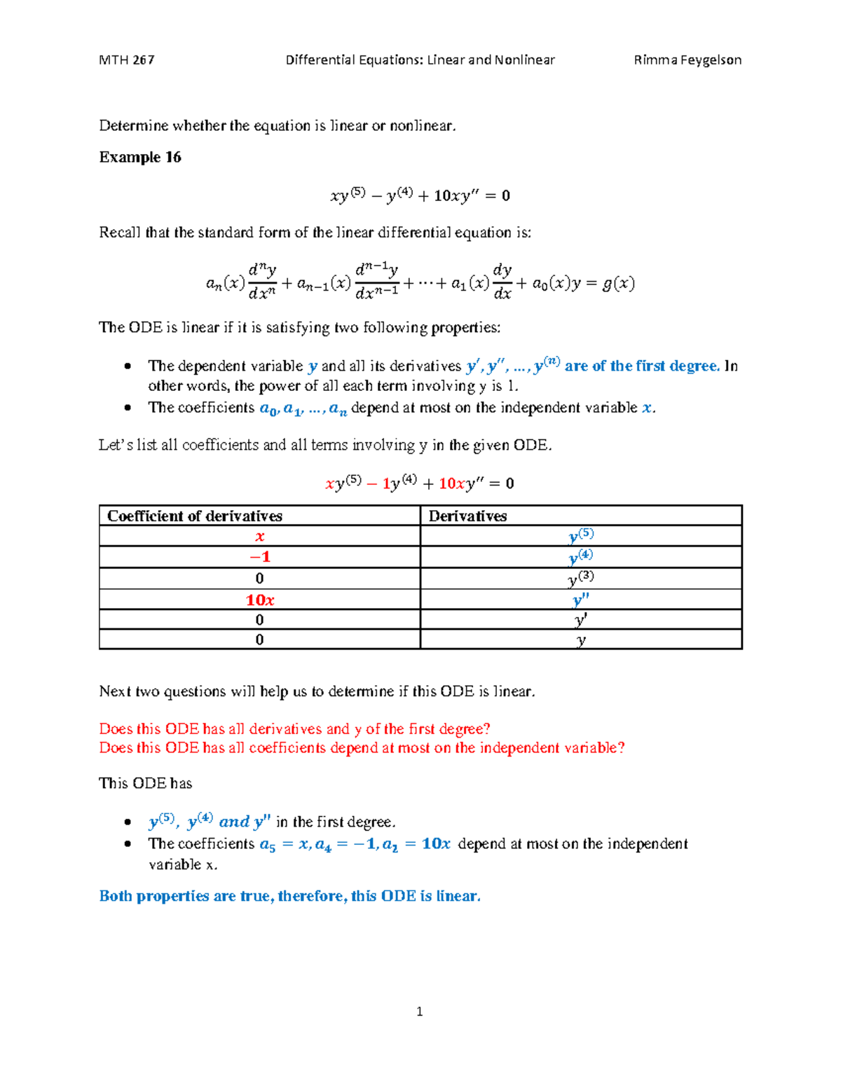 1.1.03 Examples Linear and Nonlinear ODE - Determine whether the ...
