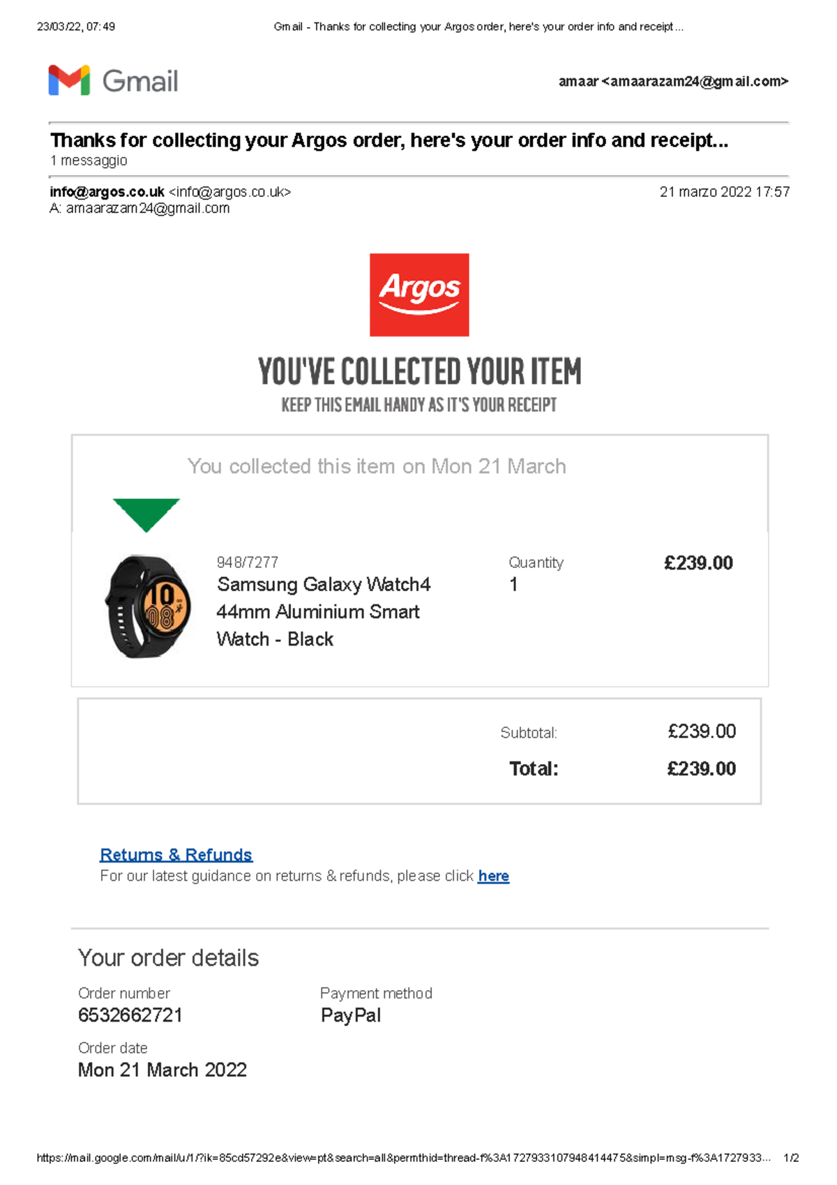 Scribd - 23/03/22, 07:49 Gmail - Thanks for collecting your Argos order ...