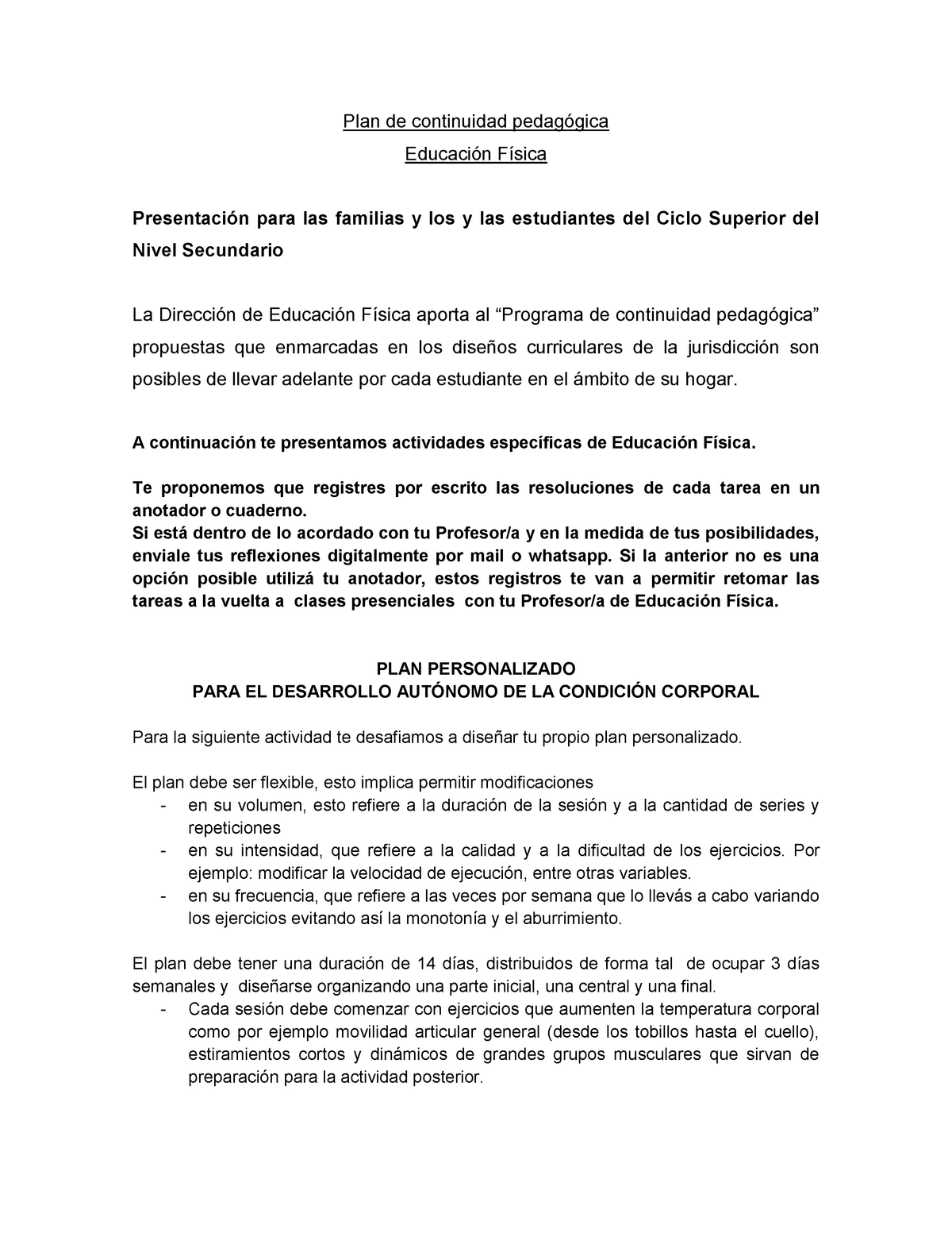 El desarollo autonomo de la condicion corporal - Plan de continuidad  pedagógica Educación Física - Studocu