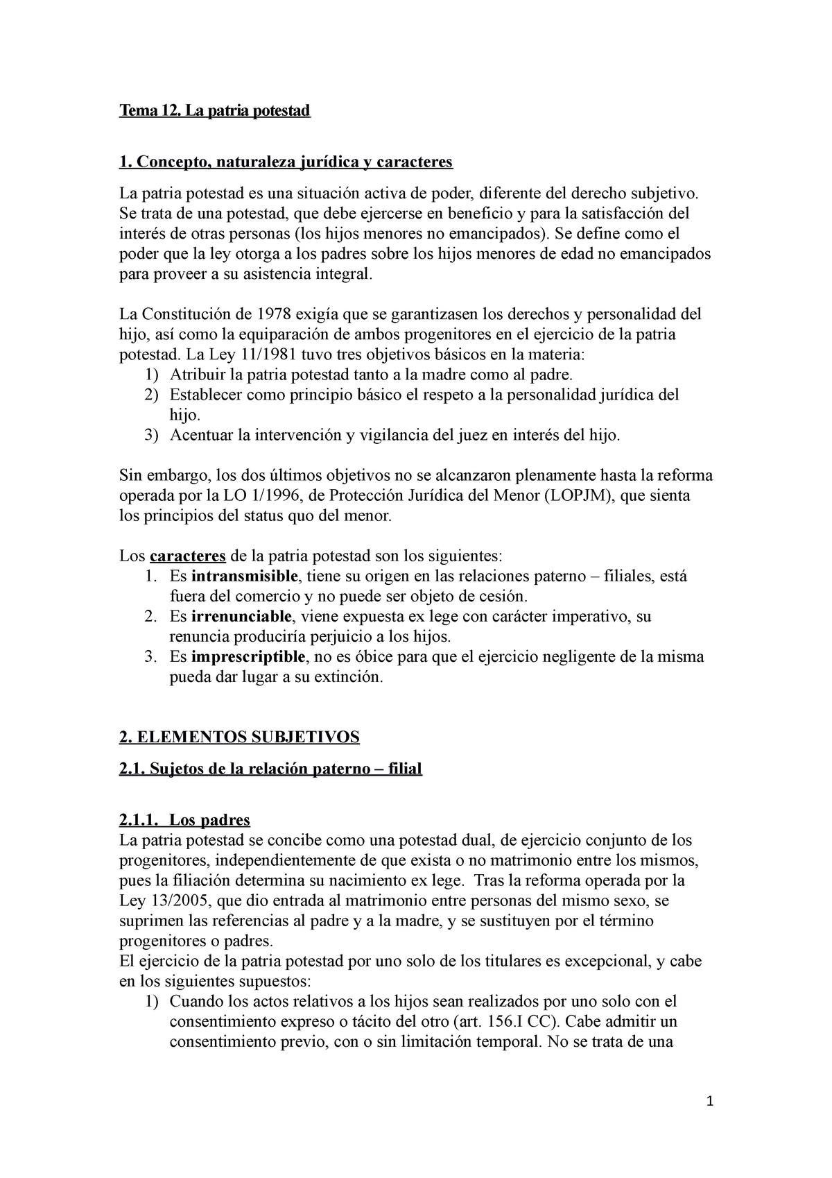 12. La patria potestad - María Medina - Tema 12. La patria potestad 1.  Concepto, naturaleza jurídica - Studocu