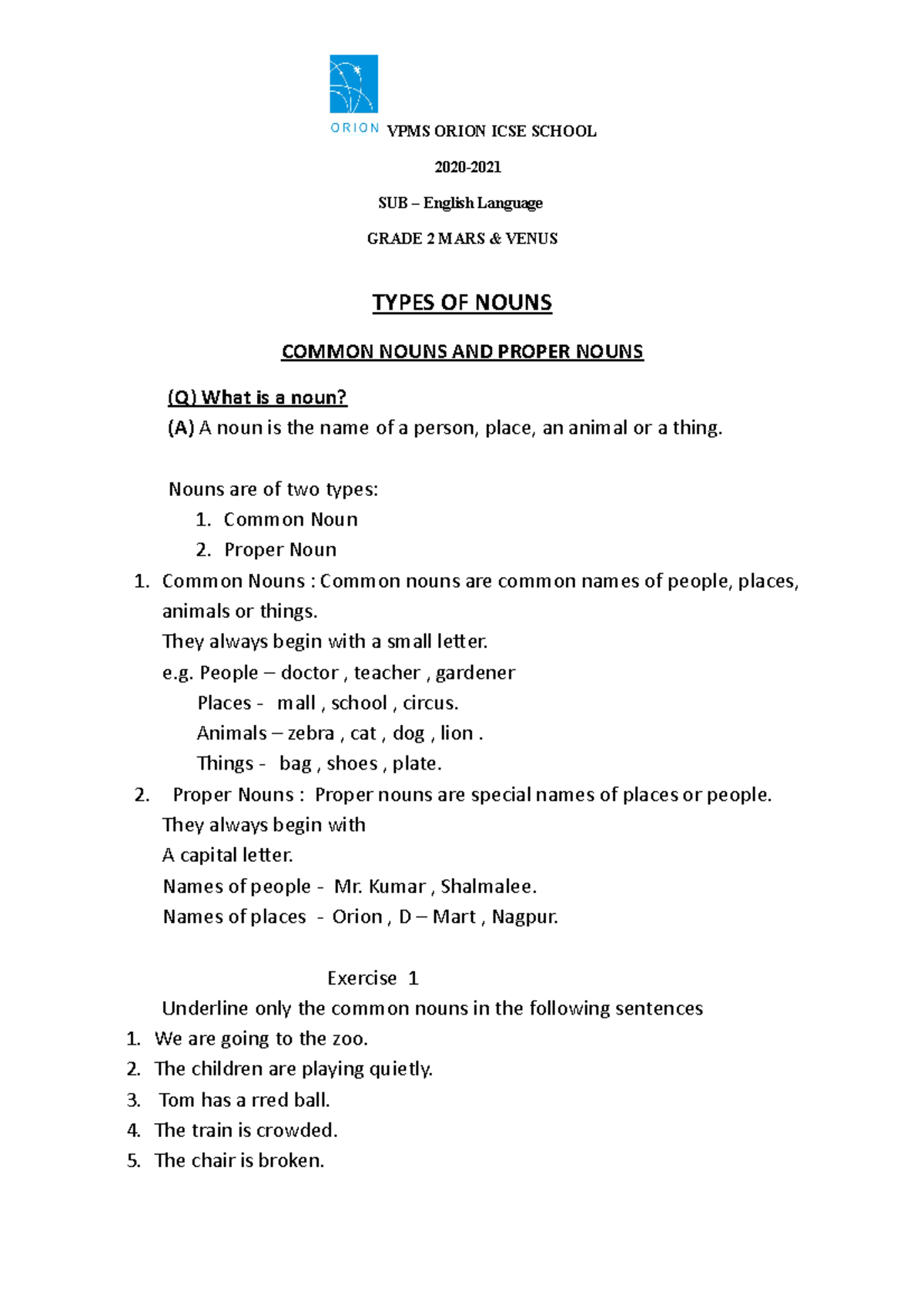Types OF Nouns VPMS ORION ICSE SCHOOL 2020 SUB English Language