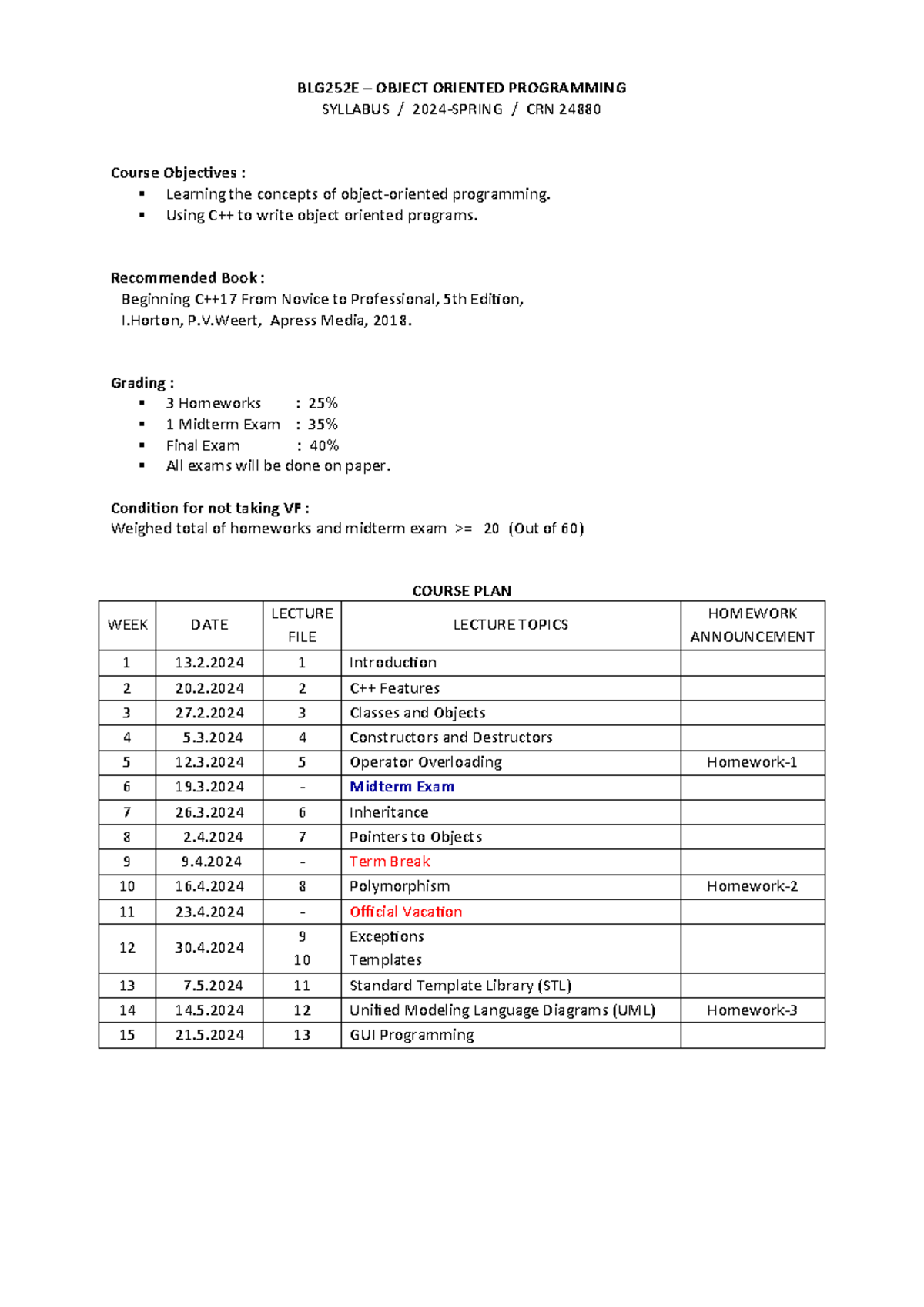 BLG252E Syllabus - Summary Computer Organization - BLG252E – OBJECT ...