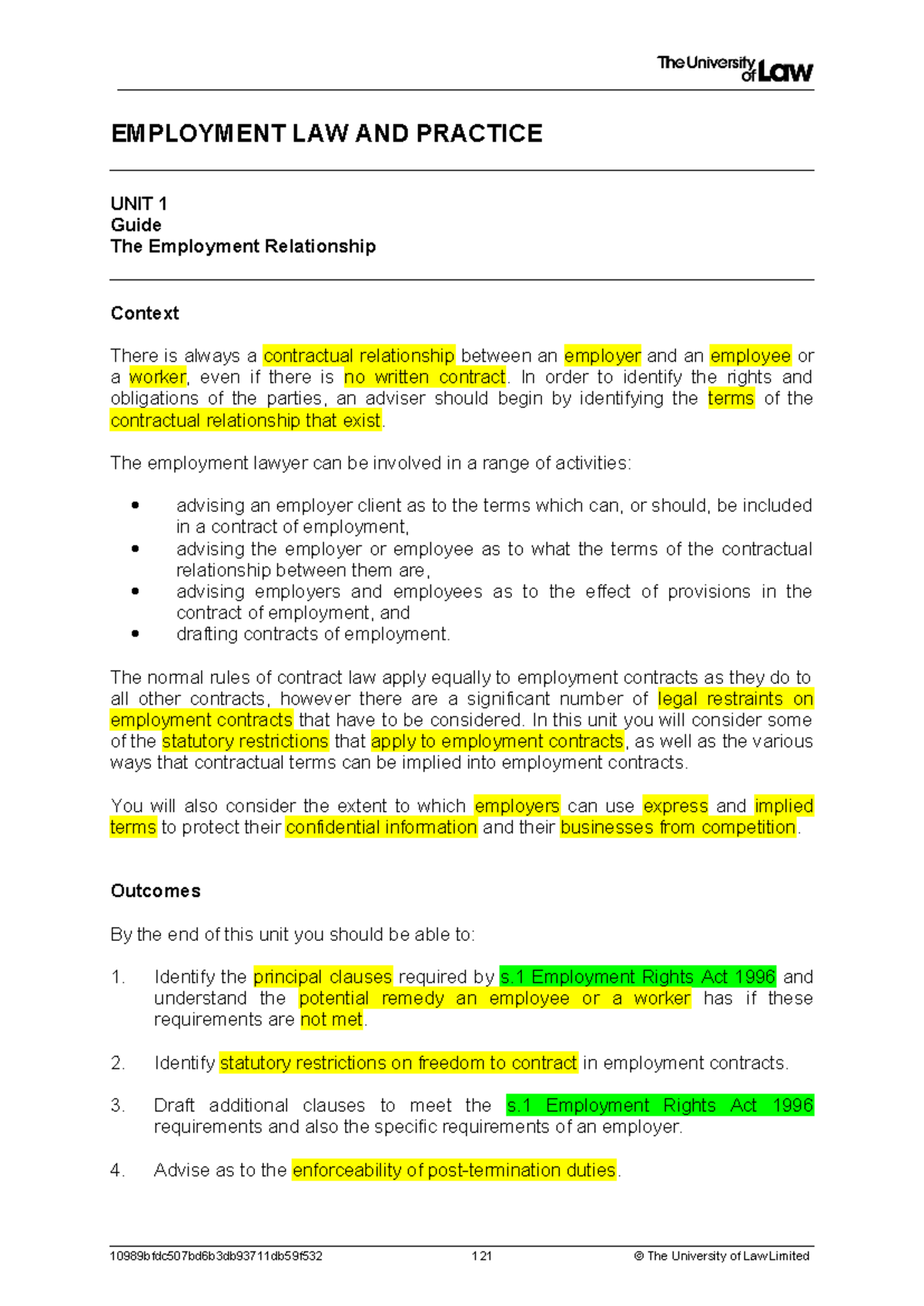 WS 1 - Employment RS - EMPLOYMENT LAW AND PRACTICE UNIT 1 Guide The ...