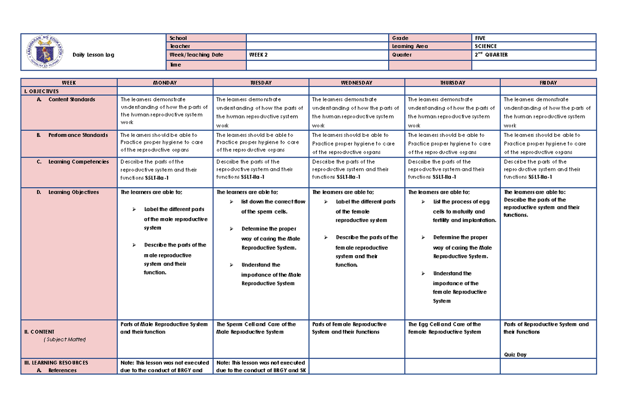 DLL WEEK 2 Science - ... - Daily Lesson Log School Grade FIVE Teacher ...