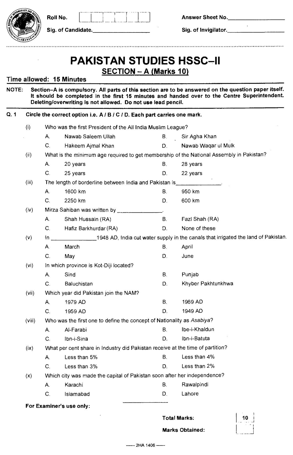 Pakistan Studies 11 - Past Paper Of Pak Study . Fedral Board FBISE ...