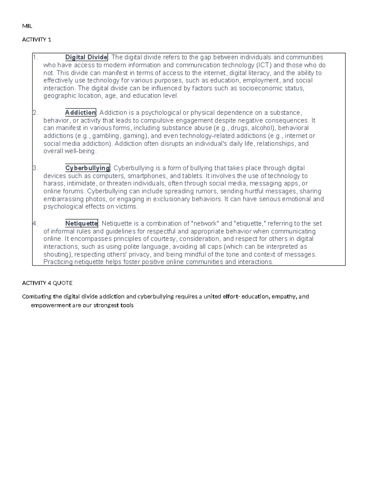 Media and information - MIL ACTIVITY 1 Digital Divide: The digital ...