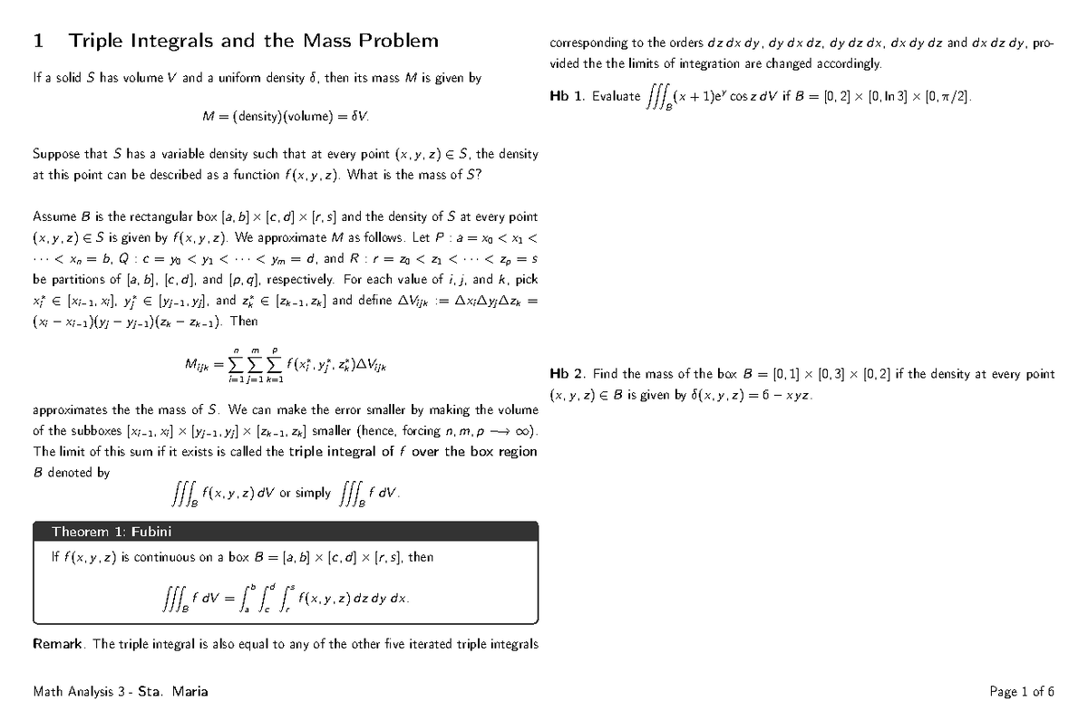 Lecture Notes on Triple Integrals - 1 Triple Integrals and the Mass ...