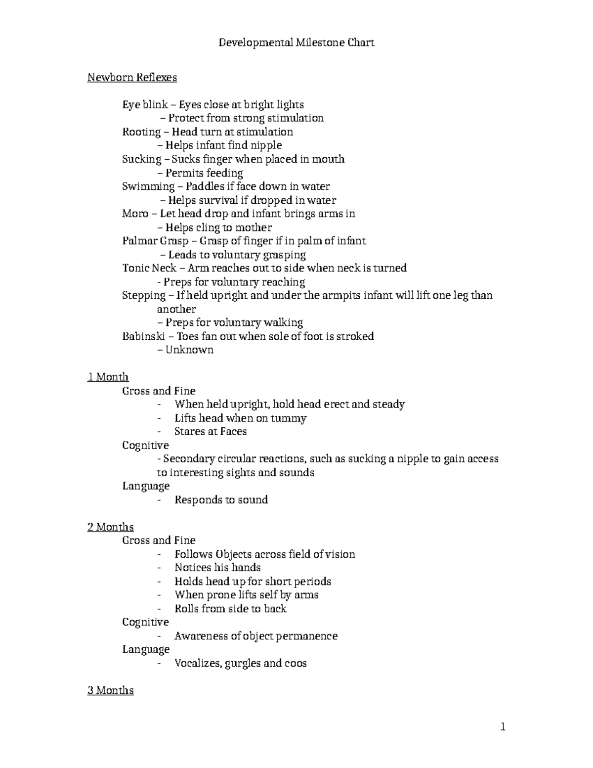 Developmental Milestone Chart Newborn Reflexes Eye blink Eyes close