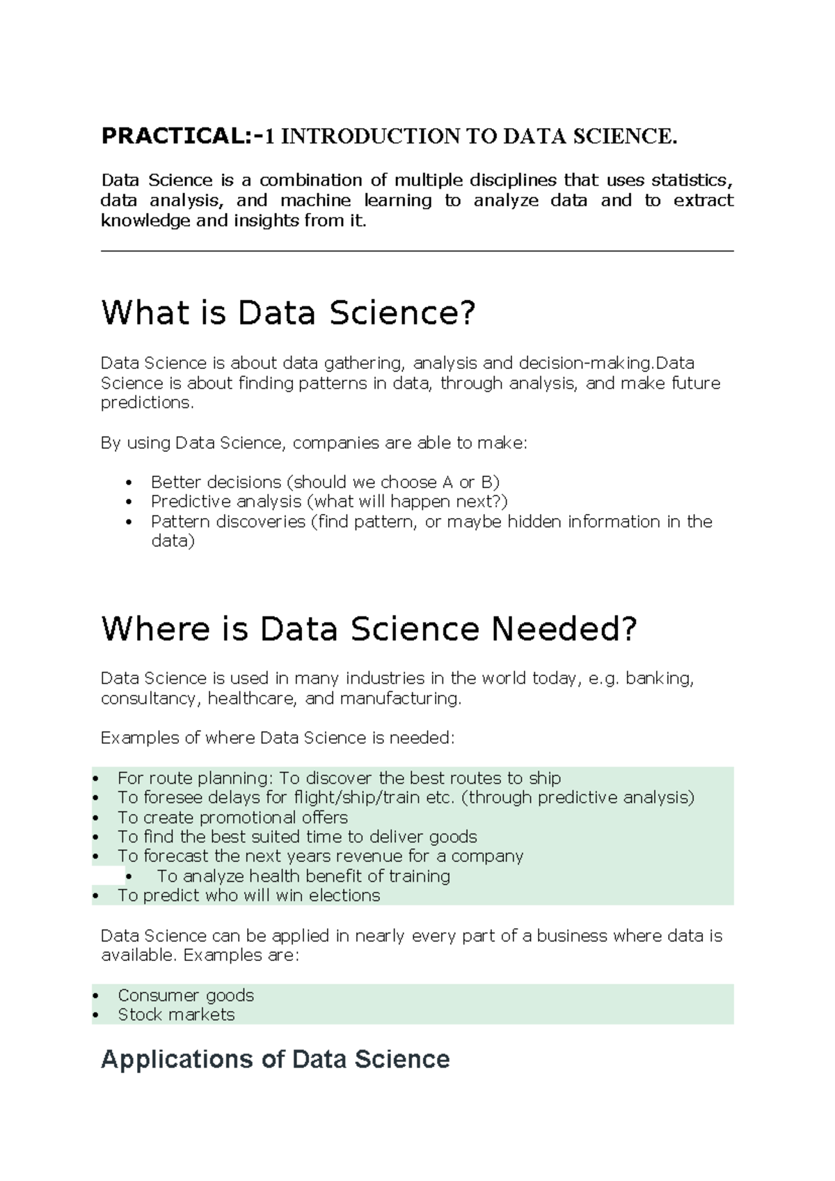 Practical - PRACTICAL:-1 INTRODUCTION TO DATA SCIENCE. Data Science is ...