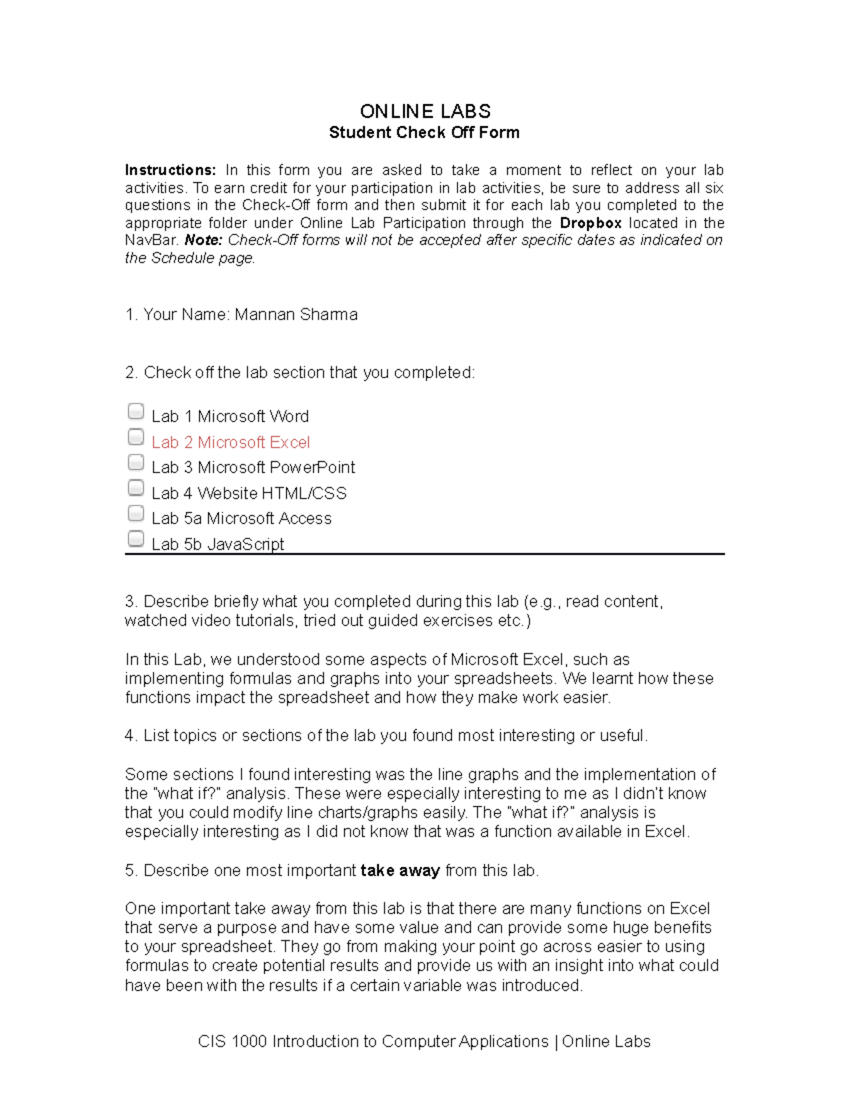 Lab Check Off Form - ONLINE LABS Student Check Off Form Instructions ...
