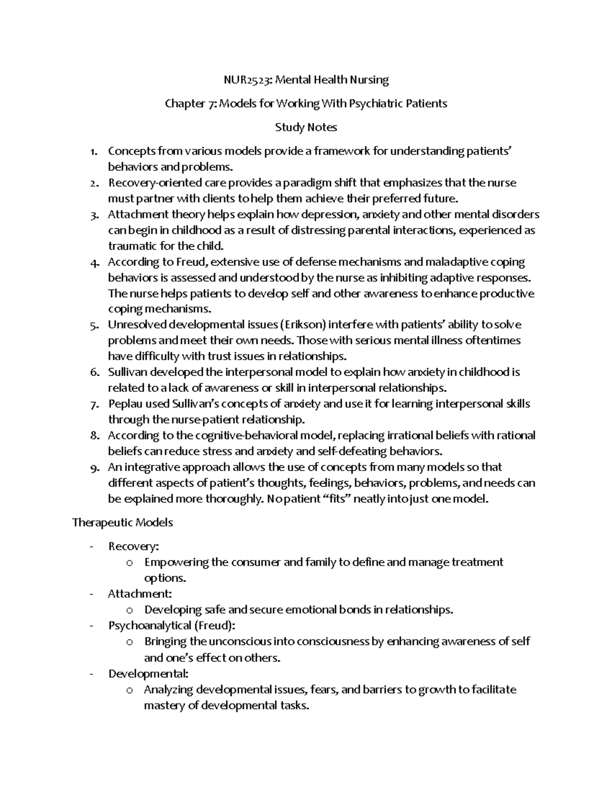 NUR2523C Exam 1Ch7Study Notes - NUR2523: Mental Health Nursing Chapter ...