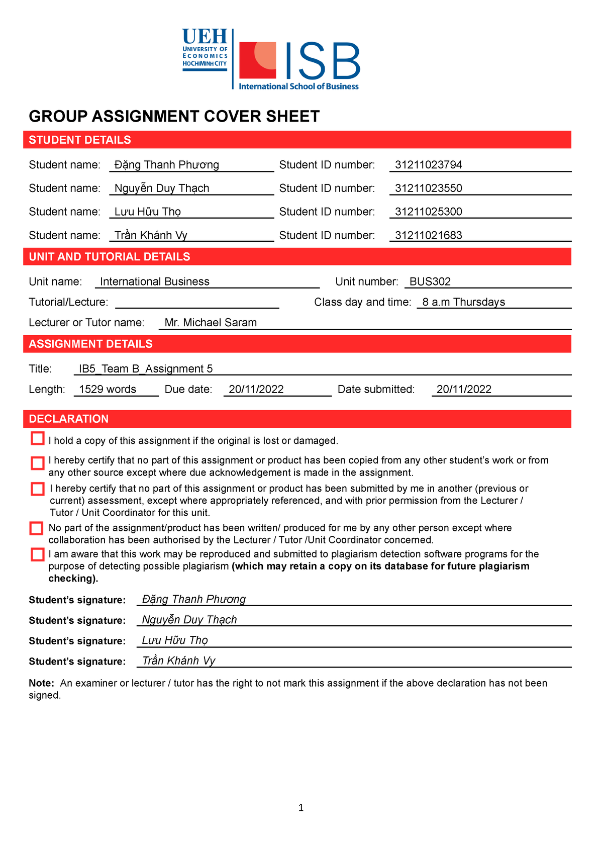 IB5 Team B Assignment 5 - Saram - GROUP ASSIGNMENT COVER SHEET STUDENT ...