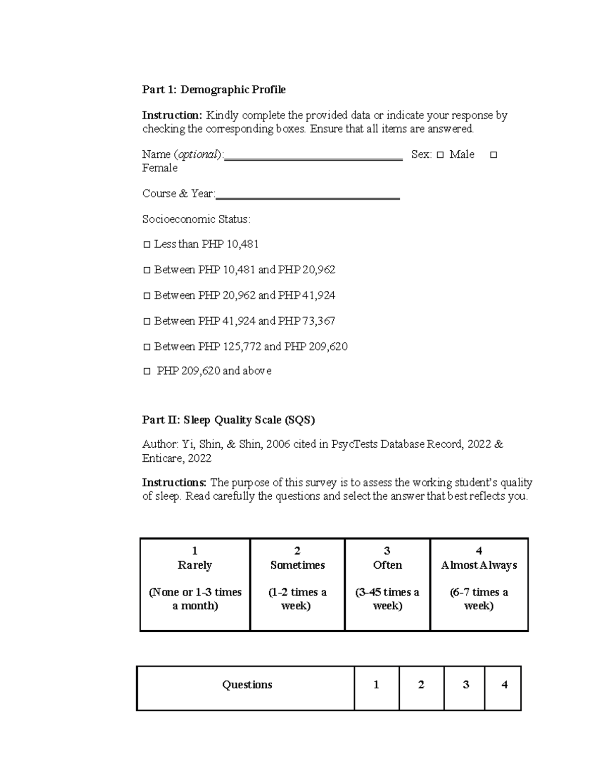 Instrumentation - Brief COPE and SLeep Quality Questionnaire - Part 1 ...