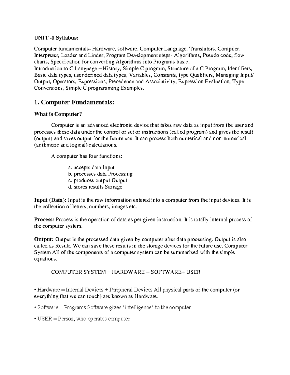 CP1 - Lecture notes 1-3 - UNIT -1 Syllabus: Computer fundamentals ...
