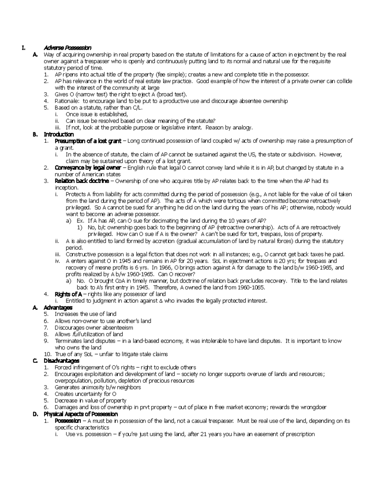 Property Law Outline - 3 - I. Adverse Possession A. Way of acquiring ...